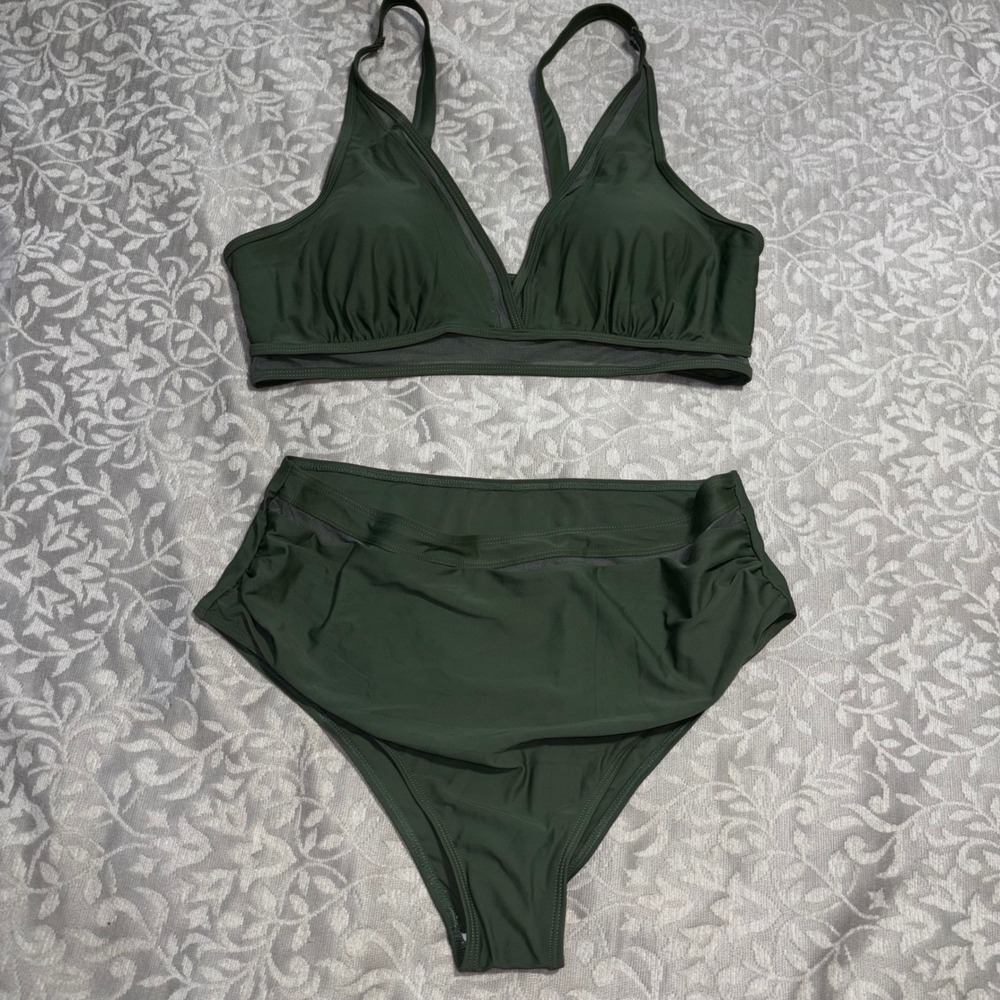 Unbranded Bikini Set Women XXL Olive Green Excellent Mesh High Waist Two Piece